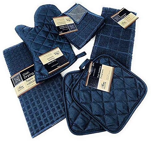 Kitchen Towel Set with 2 Quilted Pot Holders, Oven Mitt, Dish Towel, Dish Drying Mat, 2 Microfiber Scrubbing Dishcloths (Navy Blue)