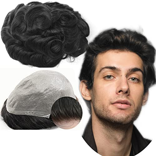Echthaar Toupet für Männer, Yanahair Gewelltes Haar 0,04-0.06mm V-Loop PU Super Dünn Haut Haarsystem Yanaair Europäische Echthaarteile Toupet Echthaar Perücke Mann(10x8,#1 Tiefschwarz)