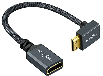 Twozoh Mini HDMI auf HDMI Adapterkabel 0,2M, Nylon geflochten nach unten abgewinkelt, Abgewinkeltes 90° Mini HDMI auf HDMI Verlängerungskabel unterstützt 3D/4K 1080p
