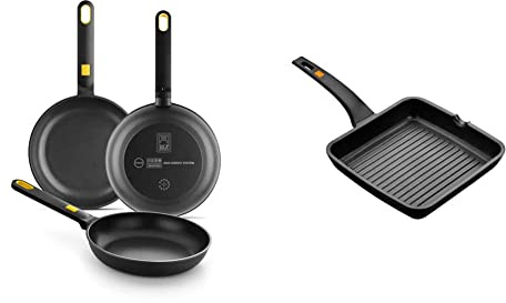BRA Daily Pro - Set 3 sartenes aluminio fundido 20-24-28 cm antiadherentes tricapa sin PFOA, Color Negro Y Amarillo & A271428 Efficient - Grill Asador con Rayas, Aluminio Fundido Negro, 28 x 28 cm