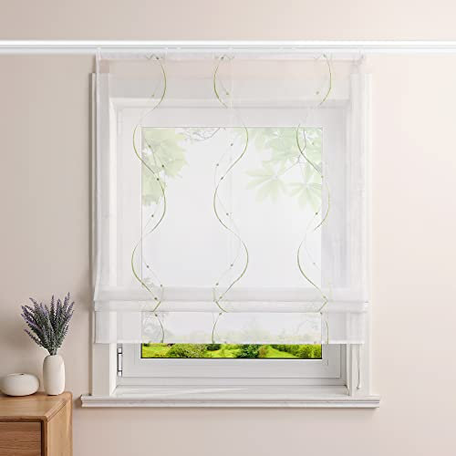 Heichkell Voile Raffrollo mit Klettband Transparent Raffgardinen Vorhang mit Stickerei Wohnzimmer Gardine Grün BxH 120x140cm