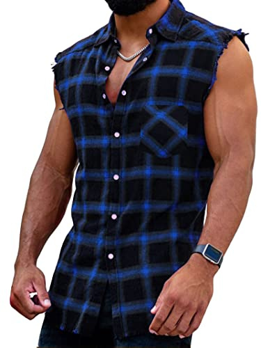 Camicia da uomo a quadri, senza maniche, a maniche lunghe, in flanella, vestibilità normale, in cotone estivo, T-shirt, Tank Tops, per il tempo libero, da uomo, estivo, M