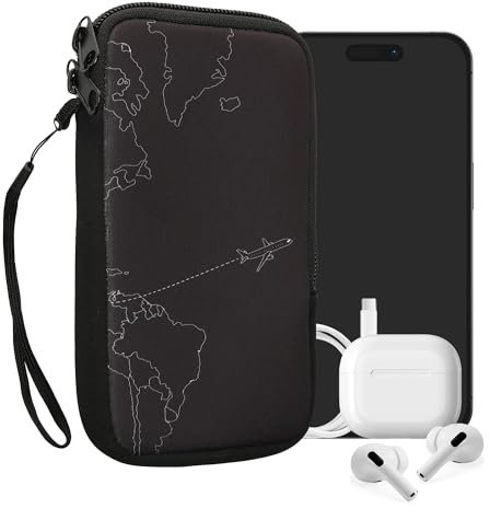 kwmobile Handytasche für Smartphones L - 6,5 - Neopren Handy Tasche Hülle Cover Case Schutzhülle - Travel Flugzeug Weiß Schwarz - 16,5 x 8,9 cm Innenmaße