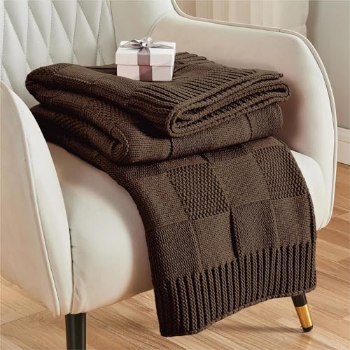 CozeCube Check Knit Throw Blanket, Dark Brown Checkered Throw for Couch, Decorative Christmas Soft Cozy Warm Knitted Blanket for Bed Sofa Living Room, 50X60
