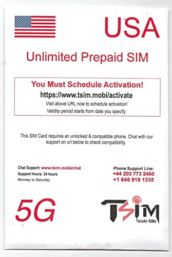 PrePaid USA SIM-Karte Unbegrenzte eingehende und ausgehende Anrufe/SMS | Ultra High Speed 5G Datenzulage Hotspot/Tethering/Internetfreigabe erlaubt.(6GB x 2 Monate)