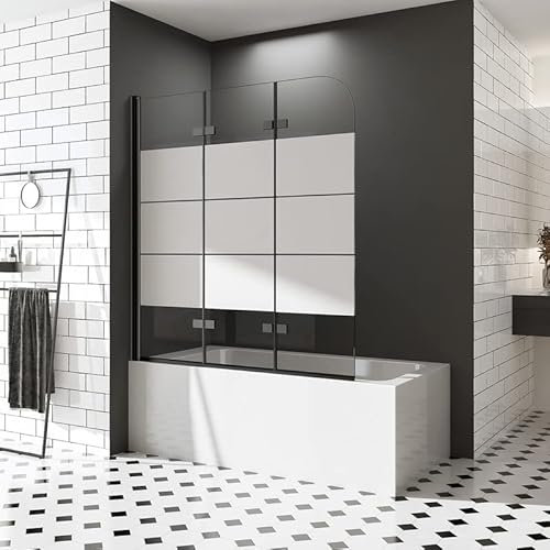 Duschwand für Badewannen 120 x 140 cm 3 teilig Schwarz faltbar Dekor Querstreifen Sicherheitsglas hell Faltwand Duschabtrennung Duschwand Nano Glas