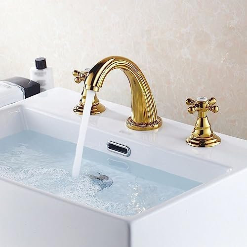 ZYCDP 3-Loch Waschtischarmatur Bad Gold,Bad Wasserhahn Kreuzgriff Wasserhahn,Wannenrandarmatur Waschtischbatterie für Badezimmer aus Messing,Bad Waschbecken Heiß und Kaltwasserhahn