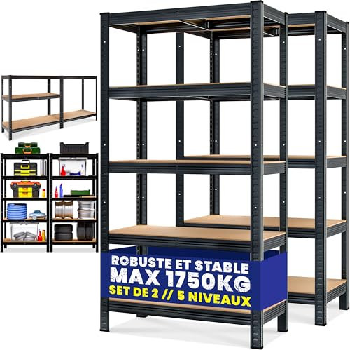 Monzana® Set of 2 Garage Shelving Units | 5 Tier Industrial Racking | Heavy Duty Free Standing Plug-In Shelves | Warehouse | Shed | Workshop | 1750KG Capacity | Black | 180x90x40cm