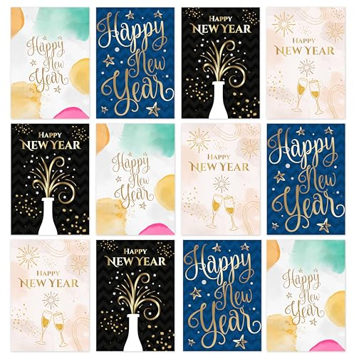 Giftinghouse Happy New Year Cards 2026 Pack of 12/24/48 - Gold Foil Greeting Cards Multipack with White Envelopes - Blank Inside Eco-Friendly Card Set for friends and family.