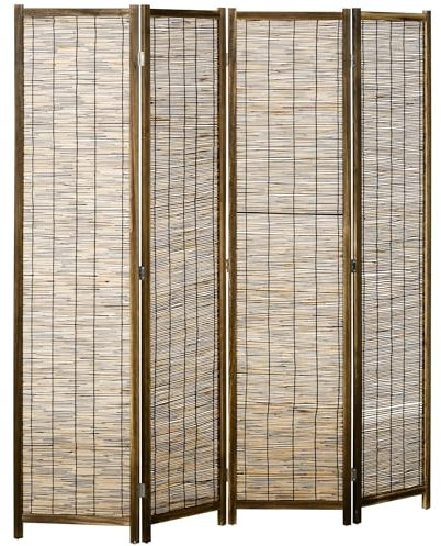 HOMCOM Biombo de 4 Paneles Divisor de Habitación Plegable 160x1,8x170 cm Separador de Ambientes de Madera y Carrizo Estilo Rústico para Oficina Dormitorio Salón Natural