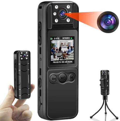 SecuraLen Caméra Piéton avec Vidéo & Audio, 1080P HD & 180° Objectif Rotatif 120° Grand Angle Body Cam, Vision Nocturne et écran à Rotation Automatique Camera Miniature avec Fonction OTG