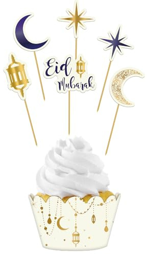 Folat 24895 Mubarak Dekoration Cupcake Set Mubarak 12 Stück Eid Dekoration Stern Mond Zubehör Ramadan, Mehrfarbig