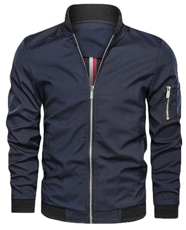 Jinsha Uomo Primavera-Autunno Casual Bomber Leggero Jacket Classica Cotone Softshell Cappotto Sottile Sportiva All'Aperto Collo da Baseball Estivo Giacca Militare Comodo Varsity Giubbotto Blu 2XL