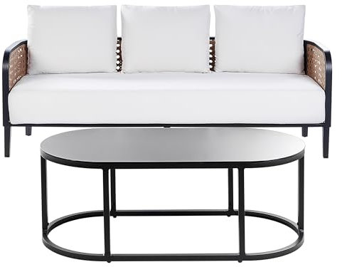 Beliani Gartensofa 3-Sitzer mit Tisch Aluminium schwarz Auflagen weiß Montefalco