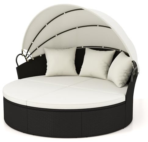 GYMAX Polyrattan Sonneninsel φ187 cm, Sonnenliege mit faltbarem Sonnendach, Garteninsel inkl. Kissen, Gartenliege für 2-3 Personen, Terrassenmöbel für Garten, Terrasse & Veranda