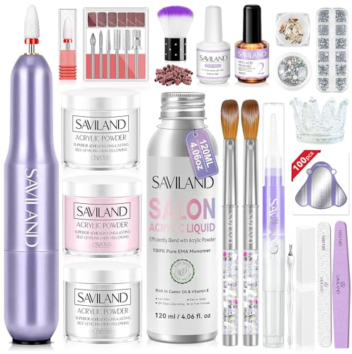 SAVILAND Kit Acrylique Ongle Complet: Poudre Acrylique Clair Rose Blanc, Liquide Acrylique, Pinceaux Acrylique, Huile a Ongle, Ponceuse a Ongle, Base/ Top Coat, Kit Acrylique pour Débutant