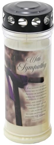 Candela commemorativa a colonna con tappo antivento con croce e dedica della condoglianza, candela da 20 cm con durata di 7 giorni