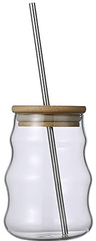 Bicchieri a Forma Ondulata da 500 Ml, Tazza in Vetro Trasparente con Coperchio e Cannuccia, Bicchieri da Caffè a Bolle, Bicchieri Ondulati Creativi per Cocktail, Acqua, Birra, Vino,(ondulazione)