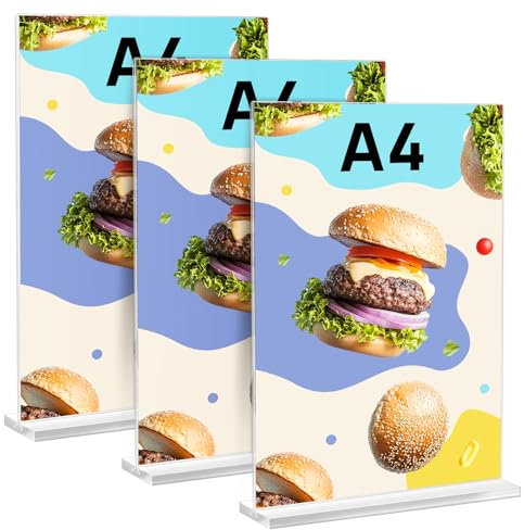 Suofuolef 3 Stück A4 Tischaufsteller, Acryl Werbeaufsteller Display, T-Ständer für Prospekte Werbung Fotorahmen Menükarte, Messen, Büro, Restaurant, Cafe