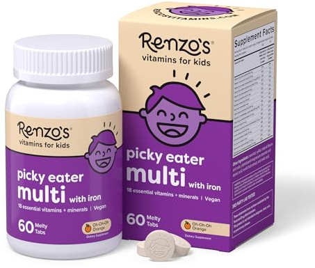 Renzo's Picky Eater Kids Multivitamin with Iron - Dissolvable Kids Vitamins with Iron, Zinc, Vitamin C, Vitamin D, E & K, Sugar-Free Melty Tabs, Orange Flavor, 60-Count (1-2 Month Supply)