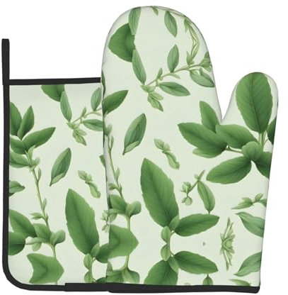 YYHWHJDE Set di 2 guanti da forno e presine con fiori verdi e foglie di salvia e rami da cucina utilizzati per aprire i coperchi delle pentole in cucina e per trasportare piatti dal forno a microonde