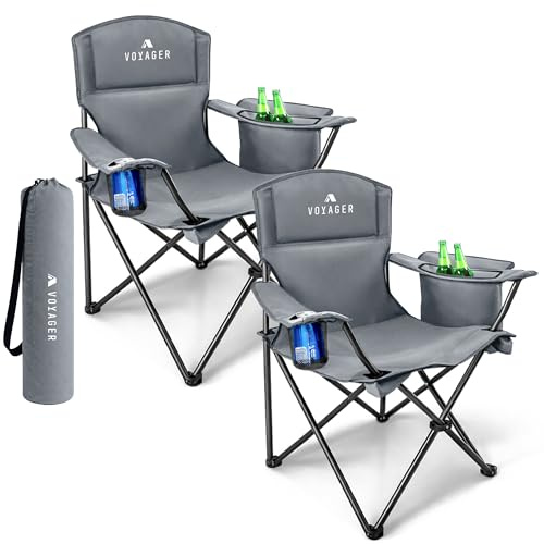 Voyager Folding Camping Chairs 2 Pack with Cooler Bag, Lightweight Q195 Steel Frame, 600D Oxford Fabric, Portable & Comfortable - Black (Grey, Pouch/Cooling)