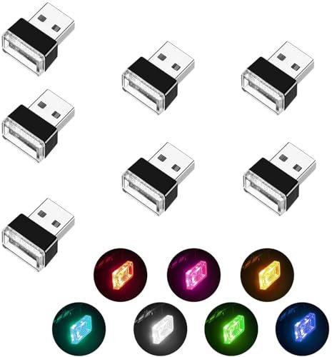 SIGANDG 7 Piezas Luz Ambiental USB,Luz USB Coche,Mini Luces de Ambiente LED para automóvil,Portátiles Luces Interior Coche(7 Colores:Blanco,Azul,Azul Hielo,Morado,Verde,Amarillo,Rojo)