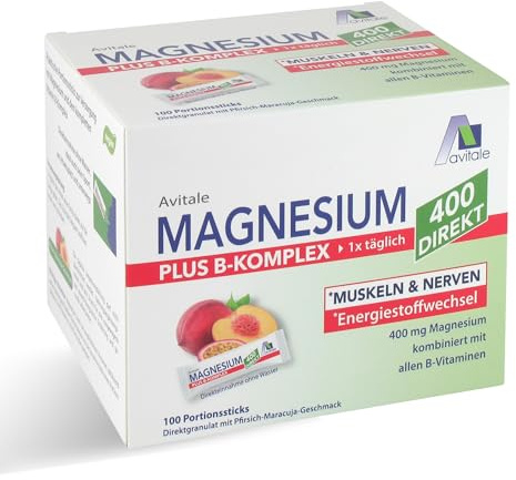 Avitale Magnesium 400 Direkt plus Vitamin B-Komplex, 100 Portionssticks | Magnesium (400 mg) und alle B-Vitamine, Direktgranulat zur Einnahme ohne Wasser mit Pfirsich-Maracuja Geschmack, 1 Stick tgl.