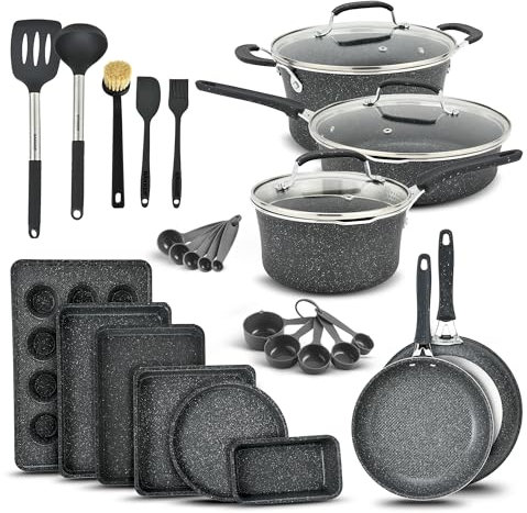 Pots and Pans Set Non Stick Ceramic – 23-Piece Cookware & Bakeware Sets with Plaid Pattern, Stackable Design, Dishwasher Safe, Stain-Resistant, Oven & All-Stove Safe, Tempered Glass Lid, Dark Gray