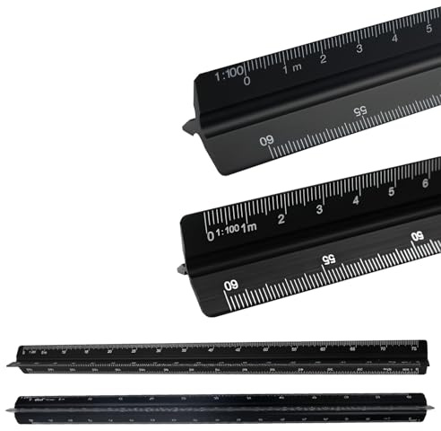 FENGCHUANG 2 Pezzi Scalimetro Righello Trinagolare Ideale, Scalimetro Professionale Triangolare 1:20 1:25 1:50 1:75 1:100 1:125/1:100 1:200 1:250 1:300 1:400 1:500 per Architetti, Alunno (Nero)