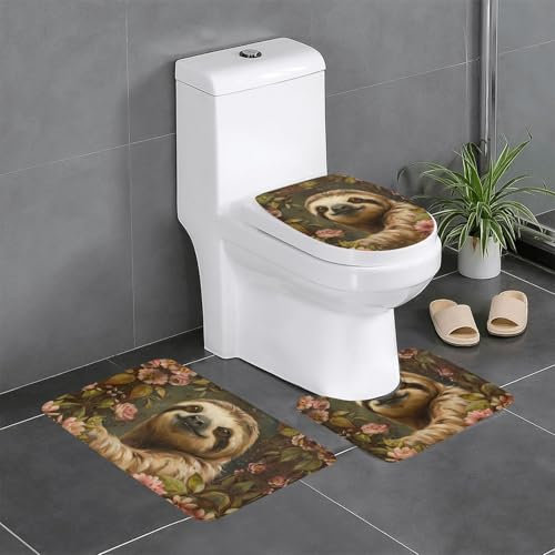 SDEGTHO Badezimmerteppich-Set mit niedlichem Faultier, Geschenk-Set, 3-teilig, ultraweiche Teppichmatten mit U-förmigem WC-Vorleger