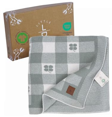 Little Dedi Baby Strickdecke, GOTS-Zertifiziert 100% Bio-Baumwolle mit Glücksbringer Kleeblatt, weich & leicht, ideal zum Pucken und Kuscheln im Geschenkbox