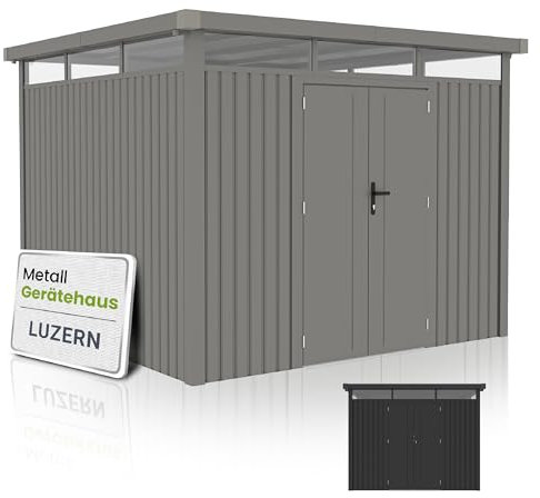 Juskys Gerätehaus Luzern Pro 8,6 m² - Metall Geräteschuppen mit Türen & Fenstern - wetterfest & abschließbar - Fahrradgarage, Gartenhaus - Taupe