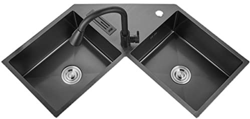 Fregadero de cocina de esquina de acero inoxidable con soporte para cuchillos en forma de L, mezclador extraíble, duradero y ahorra espacio