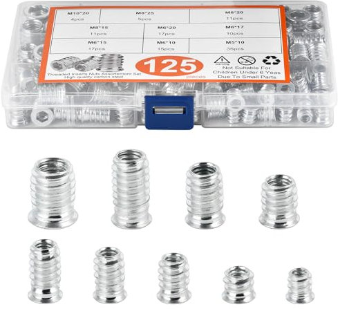 Insertos roscados 125 unidades, tuerca atornillable de madera M5, M6, M8, M10, 9 tipos diferentes de rosca, insertos de tuercas hexagonales, tuercas prensadas para muebles de madera, acero al carbono