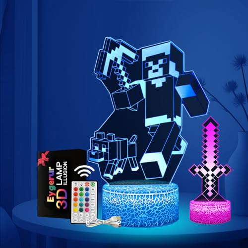 Eygerur Lot de 2 Veilleuses LED Minec 3D pour Enfants, Cadeau Surprise pour Garçons 3, 4, 5, 6-12 Ans, 16 Couleurs Télécommande USB Smart Lampe Minec, Décoration de Chambre, Cadeau Parfait pour les