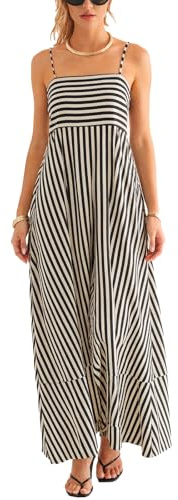 CUPSHE Women's Maxi Dress Sleeveless Spaghetti Strap Flowy Summer Casual Striped Dress with Pockets Black M