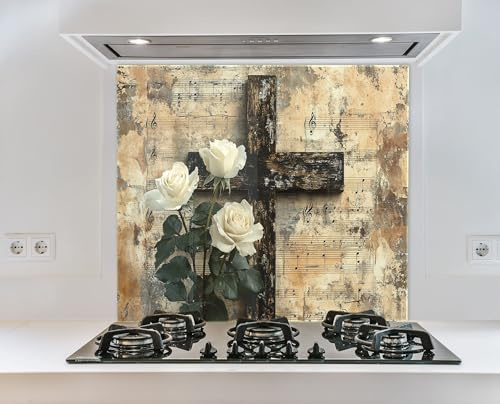Myphotostation 90x36cm Cross with White Roses Glass Splashback for stove Tempered Glass Backsplash, Glass Backguards For Kitchen, Stove Wall Protector, Cooker Wall Panel, Stove Back Cover