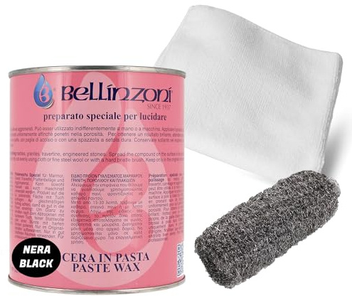 Bellinzoni Kit Lucidatura Marmo, Cera in Pasta Nera, Set con Paglietta in Acciaio e Panno per Marmo, Granito e Pietre
