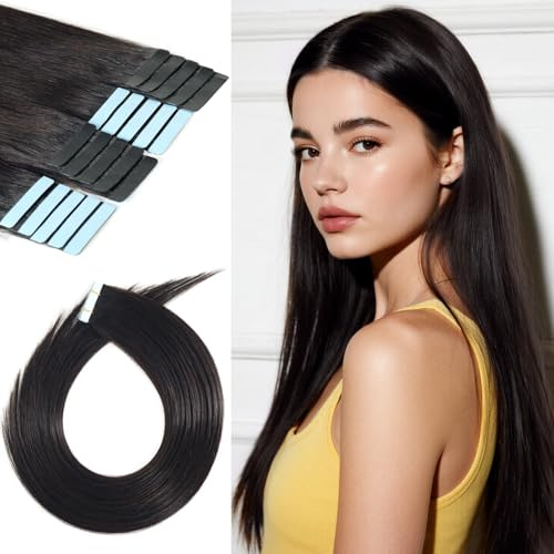 LuxeTress Tape Extensions Echthaar 20 Stück 50g 50 cm Remy Tape in Extensions Echthaar, Seidig Glatt Haarverlängerung Echthaar Extensions Echthaar Tape (20in, 50g, #1B)