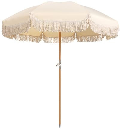 HUIBBGO Strandschirm für den Außenbereich, 200 cm, Terrassenschirm mit Quaste, neigbar, runder Schirm, Faltbarer Holzmast, tragbarer Sonnenschirm für Pool, Balkon, Garten, Beige