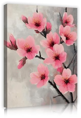 YUNART Rama de flor de cerezo rosa enmarcada floral lienzo arte de pared impresiones de cuadros para decoraciones de baño de sala de estar póster estético 45x60cm marco interior