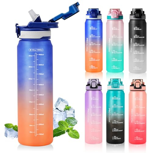 SEASEVEN Sports 1L Water Bottle with Straw,Plastic Drinks Bottle,1 Litre Water Bottles with Time Markings,Waterbottle Leak Proof-Bpa-Free for Gym,School, Office,Travel (Blue Orange)