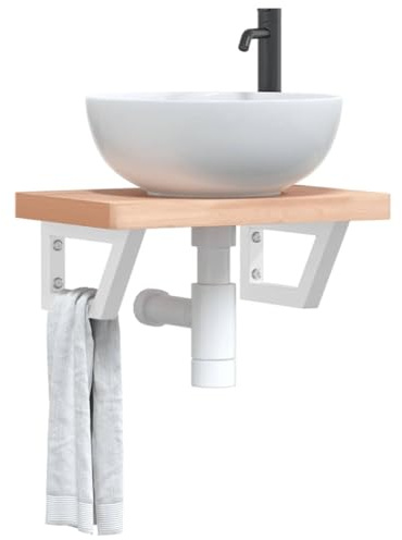 Qnhdfrt Mensola da bagno a parete in legno massello di faggio e acciaio bianco 50 x 35 cm con supporto trapezoidale per lavabo, mobili da bagno salvaspazio