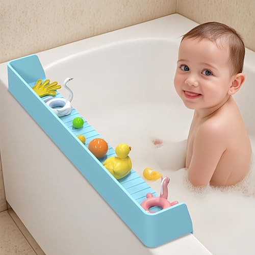 bzijaslle 31 Inch Longer Kids Bathtub Water Splash Guard, Flexible Silicone Bath Toy Tray Holder with Strong Suction Cups, No Leak, Bathroom Essentials Shelf for Toddlers Baby Kids (Blue)