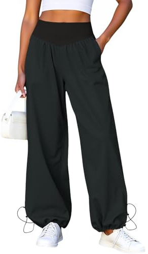 Fisoew Damen Hose mit weitem Bein Lässige Baggy Trainingshose mit hoher Taille Lounge Hose mit Taschen und Kordelzug am Saum