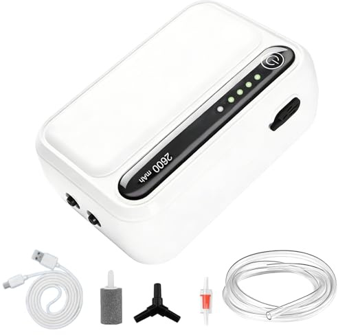 Wiederaufladbare Aquarium Luftpumpe, 2600mAh Sehr Leise Sauerstoffpumpe, 2 Einstellbare Luftauslässe, 6W Multifunktionale Aquariumpumpe mit komplett Zubehör für Angeln im Freien, Aquarium