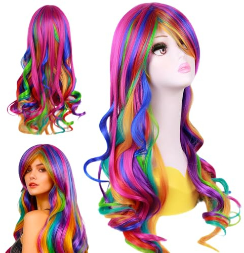 Bunte Locken Perücke, Bunte lange geflochtene Perücke 27 Zoll/70 cm, Bu=nte lange lockige Regenbogenperücke, Bun-te Kunsthaar Wig, für Alltag, Halloween, Karneval, Cosplay, KostüMparty