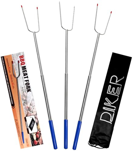 DIKER Schwere Stockbrot Spieße Teleskop Marshmallow Spieße Grillspieße lagerfeuer Stockbrot Stöcke Schaschlikspieße, Edelstahl Ausziehbar, Grillbesteck Set für Camping Grill (3er Pack)