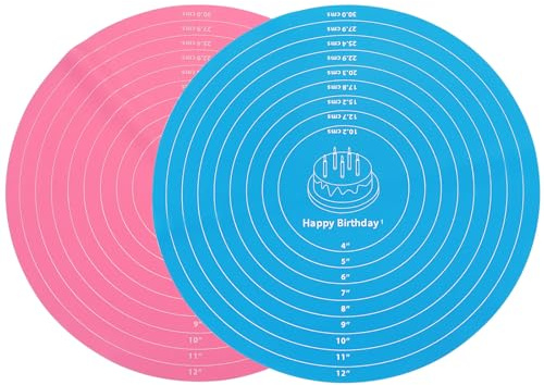 Zorveiio 2Pcs 12 Inch Round Silicone Cake Mat with Measurements, Non-Stick Baking Mat for Cake Turntable, Dough Rolling, Cookies & Pizza, Heat Resistant Reusable Pastry Pad(Blue+Pink)